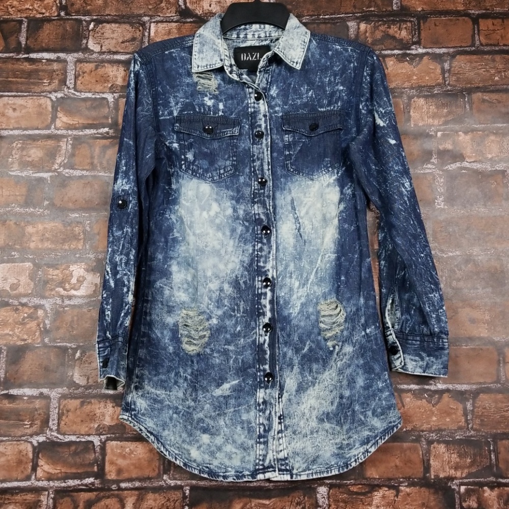 DAZL Distressed Denim Button Down Shirt